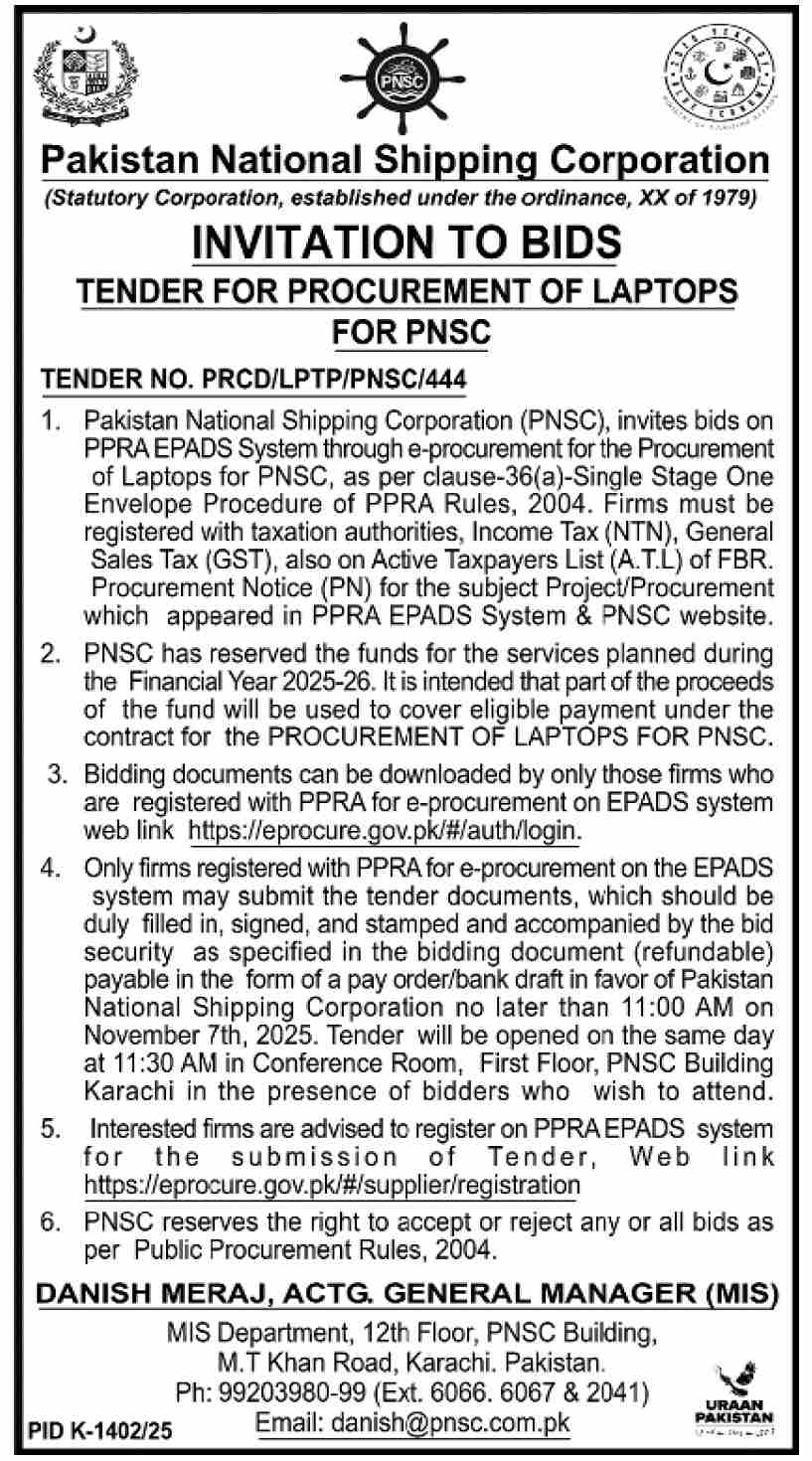 Pakistan National Shipping Corporation Karachi Tender Notice